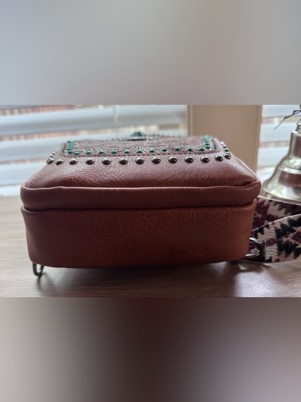 Sam & Hadley Brown Tooled Leather Crossbody Sling Bag with Turquoise Accents - Picture 6 of 12